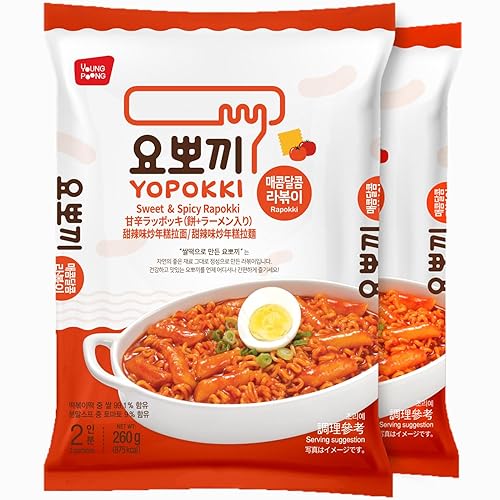 Yopokki Instant Rabokki Pack (Sweet Mild Spicy, 2 Packs) Korean Street food with sweet and moderately spicy sauce Ramen Noodle Topokki Rice Cake - Quick & Easy to Prepare - Sweet&Mild Spicy Pack