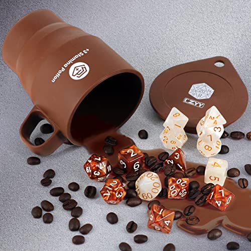 DND Coffee & Sugar Themed Dice Set (14 PCS) with +3 Stamina Potion Silicone Mug for Storage, 7 Acrylic Resin Polyhedral Gaming Dice for Dungeons and Dragons, Pathfinder and Tabletop RPG - Coffee & Sugar