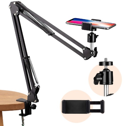 TARION Overhead Video Stand Articulating Arm Flexible Cell Phone Holder Stand Arm for Desk Table Phone Stand Holder for Overhead Video Filming Livestream Flat Photography Videography - Black