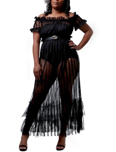 XAKALAKA Women's Sexy Lace Off Shoulder High Wasit Flared Mesh Club Maxi Dress Beach Cover Up - XX-Large Black