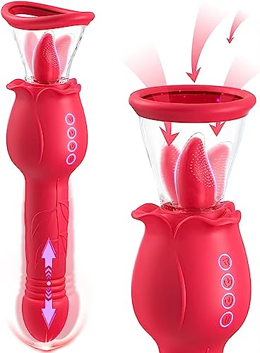 Rose Sex Toys for Women - 3in1 Rose Sex Toy Vibrator with 2 Sucking Cups, Clitoral Nipple Vibrators with 7 Tongue Licking & 3 Thrusting G Spot Dildo, Adult Sex Toys Woman Sex Machine - Red