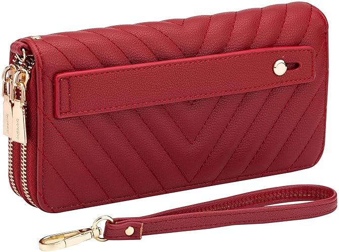 B BRENTANO Vegan Leather Double Zipper Pocket Wallet with Grip Hand Strap (Red) - Red