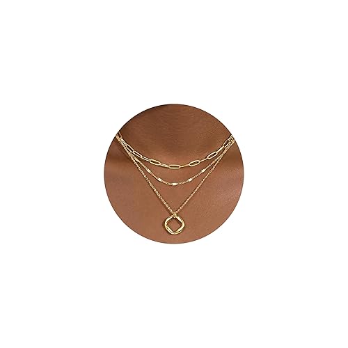 Poxtex Layered Gold Necklaces for Women,Stackable Dainty 14K Gold Silver Plated Trendy Circle Paperclip Chain Pendant Choker Necklace,Simple Gold Diamond Cross Bow Jewelry Set Gifts for Women - Gold-Circle1
