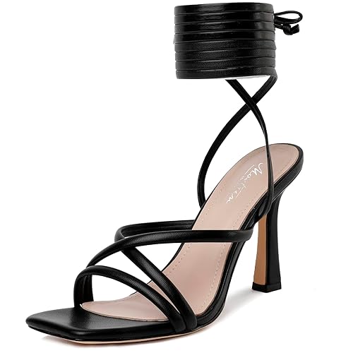 Mostrin Womens Sandals Strappy Heels for Women Lace Up Heels Square Open Toe Heels Tie Up High Heeled Sandals for Prom, Party, Daily Wear - 8 - Black2