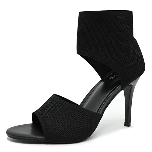 SICARE Peep Toe Heels for Women Sexy 3 Inches Stiletto High Heels for Women Dressy Slip On Comfortable Wide Stretchy Heels Knit Open Toe Booties Sandals Black Heels Sandals for Prom, Party and Work - 8 - Black/3.7 in