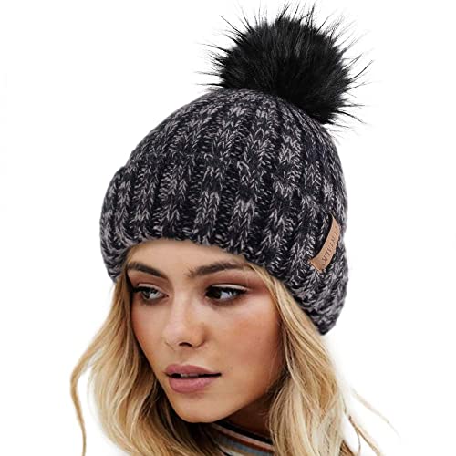 FURTALK Winter Hats for Women Double Layer Fleece Line Beanie Hat with Bobble Pom Pom Hats - One Size - Mix Black