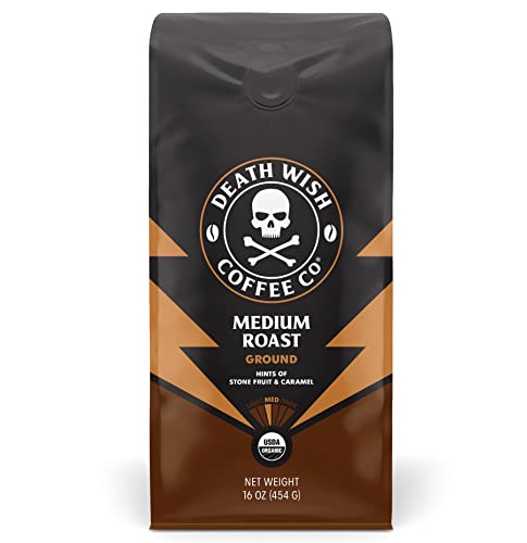 Death Wish Coffee Co., Organic and Fair Trade Medium Roast Ground Coffee, 16 oz - Medium Roast - 16 oz (Pack of 1)