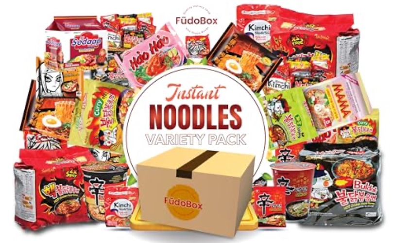 FUDOBOX Asian Instant Ramen Noodles Variety Pack with Cookies & Chopsticks | Mama, Hao, Acecook | Student Care Package | Spicy Noodles Challenge | 15 Pack Assorted