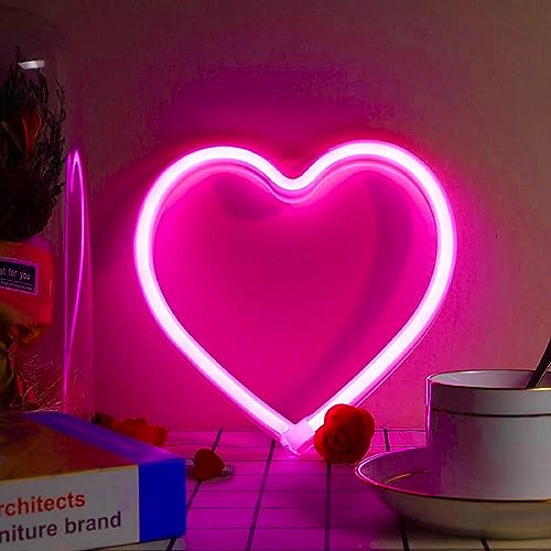 Pink Heart Neon Sign, LED Light Battery Operated or USB Powered Decorations Lamp, Table and Wall Decoration Light for Dorm Classroom Girl's Room Mothers Day Valentines Day Party Birthday Home Décor - Pink - 1 pack
