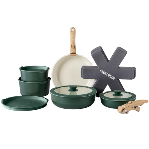 Country Kitchen Cookware Set with Removable Handle, Oven & RV Safe Pots and Pans Set, Sage Wood Handle, Original - Sage Wood Handle - Original