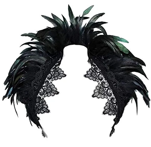 keland Damen schwarz echte Feder Achselzucken Schal Wrap Lace Kragen Halloween Kostüm Schal Top (Schwarz-B)