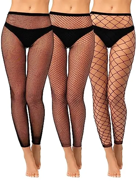 Jadive 3 Stück Damen Netzstrumpfhosen Schwarz Strumpfhose mit Hoher Taille Fußlose Gotisch Netzstrümpfe