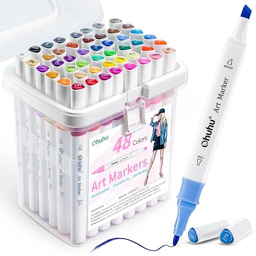 Ohuhu Markers, 48-color Double Tipped Alcohol Markers, Chisel & Fine Alcohol-based Art Marker Set for Adults Coloring Illustration, Great Value Pack for Students' Art Class, Better Designed Grip - 1 Count (Pack of 48) - Illustration Tones