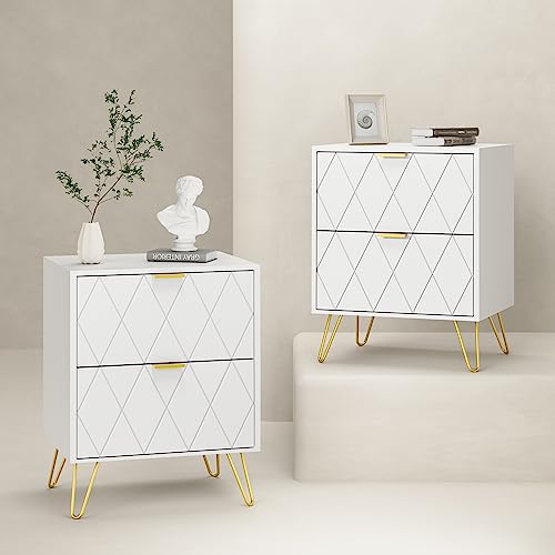 Anbuy Large White Nightstand Set of 2, End Side Table Double, Bedside Table with 2 Spacious Drawers, Dual Night Stand Gold Legs for Bedroom Living Room 2-Pack - White - Large Nightstand Set of 2