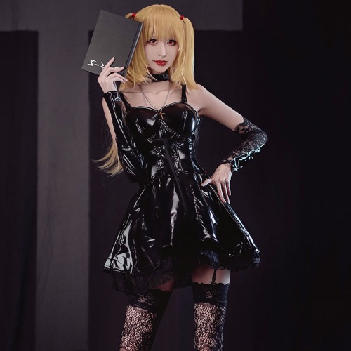 Gothic Anime Cosplay Dress in PU Leather with Spaghetti Straps - Black / S