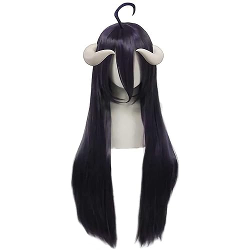 Gubndin Cosplay Wig, Cosplay Perücke Für Overlord Albedo,Synthetic Wig Perücke,Mit Kostenloser Perückenkappe,Halloween Kostüm Party Alltag Cosplay Geschenk(Black Long Straight Wig (Without Corners))