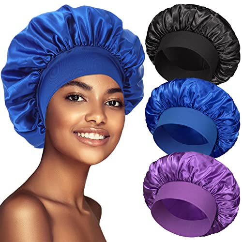 3 Pack Satin Bonnet Silk Bonnet for Sleeping, Bonnets for Black Women Hair Bonnet for Sleeping Large Sleep Cap, Wide Soft Band Bonnet for Curly Hair - Set C