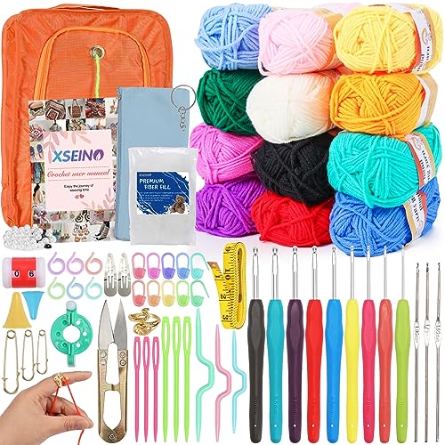 XSEINO Crochet Kit with Step-by-Step Video Tutorials，Premium Bundle Includes 12 Roll x50Yard Acrylic Yarn Balls, 12 Crochet Hooks, Crochet Bag and All Accessories Kit, Crochet Kit for Beginners - Crochet Kit-12Colors