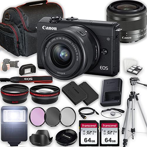 Canon EOS M200 Mirrorless Camera w/EF-M 15-45mm f/3.5-6.3 is STM Lens + 2X 64GB Memory + Case + Filters + Tripod + More (35pc Bundle)