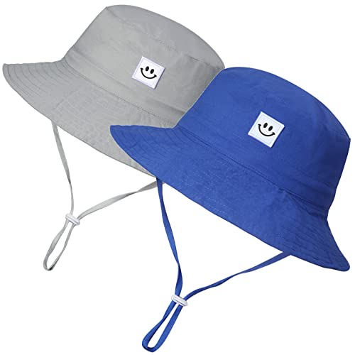 MaxNova Baby Sun Hat Smile Face UPF 50+ Toddler Bucket Hat for Boys Girls 0-7 Years - 6-24 Months - 2pack Smile Face Royal Blue/Grey