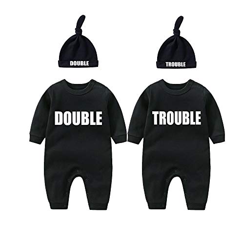 YSCULBUTOL Baby Twins Bodysuits Funny Double Trouble Cute Girl Romper Twin Jumpsuits Hat Set - Black 2 - 0-3 Months