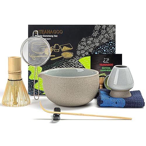 TEANAGOO Matcha Set | Matcha Tee Set | Matcha Schale | Matcha Besen set | Matcha kit | Matcha Schüssel mit Ausgießer Bambus Matcha Whisk-7 Stück Matcha Starter Sets,N2, Dunkleres Grau - 7Stück/Set, Schüssel mit Ausgießer - Dunkelgrau