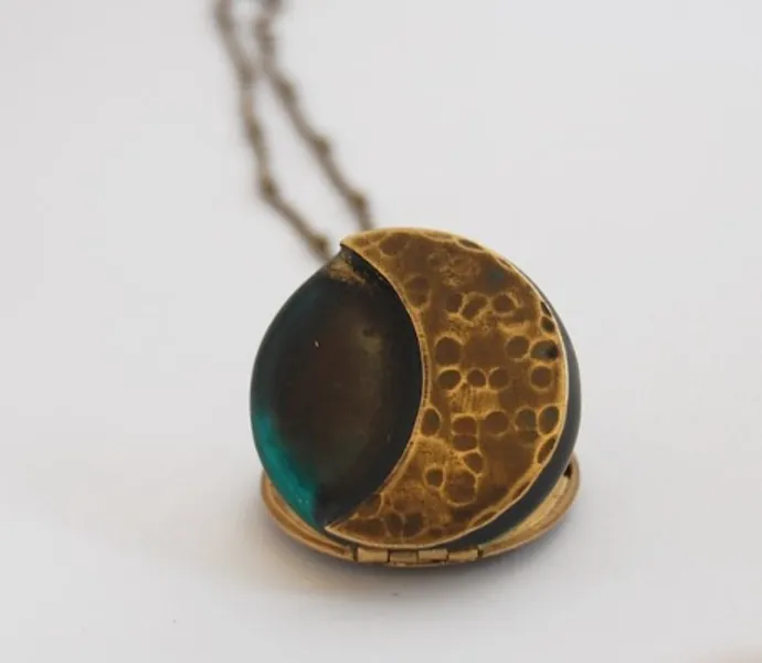 Vintage Locket Crescent Moon Necklace Space Brass Mom Gifts | Etsy