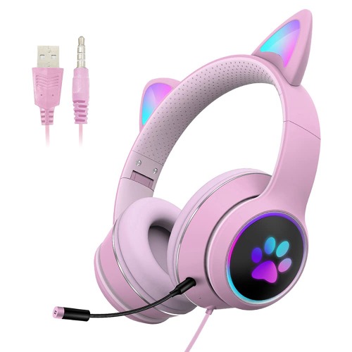 DRAGON SLAY LED 3.5mm Wired Cat Ear Headphones Chat Gaming Headset for Adults and Teens, Adjustable Padded Headband, Detachable Microphone, Noise Cancelling and RGB Light (Pink)