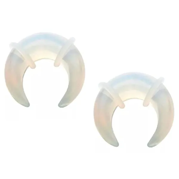 Opalite Stone Crescent Pincher Taper Plugs with Clear O Rings, Sold as a Pair