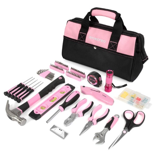 WORKPRO Gereedschapsset Roze Reparatieset Opbergtas met Brede Mond 106-delig voor Dames en Roze Liefhebbers