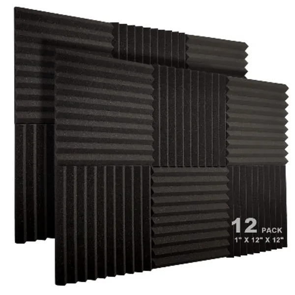JBER 12 Pack Acoustic Foam Panels, 1" X 12" X 12" Studio Soundproofing Wedges Fire Resistant Sound Proof Padding Acoustic Treatment Foam (Black)