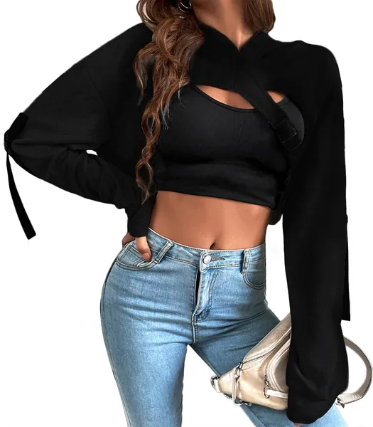 Women Long Sleeve Cropped Super Crop Top Hoodies Sweatshirt Aesthetic Punk Hip Hop Dance Sexy Rave Cloth - Black01# Medium-Large
