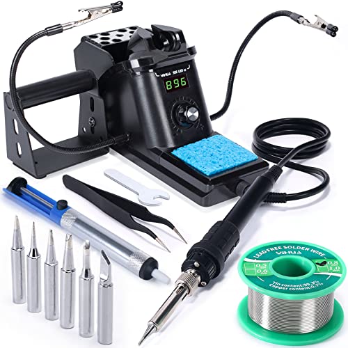 YIHUA 926 III 60W Digital Display Soldering Iron Station Kit w 2 Helping Hands, 6 Extra Iron Tips, Lead-Free Solder, Solder Sucker, S/S Tweezers, °C/ºF Conversion, Auto Sleep & Calibration Support - Black
