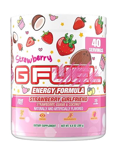 G Fuel Strawberry Girlfriend Energy Drink Powder, Pre Workout Caffeine Powder, Energy Powder Drink Mix for Gaming, Sugar Free Focus Amino + Antioxidants, 9.9oz (Strawberry Guava, Coconut, 40 Servings)