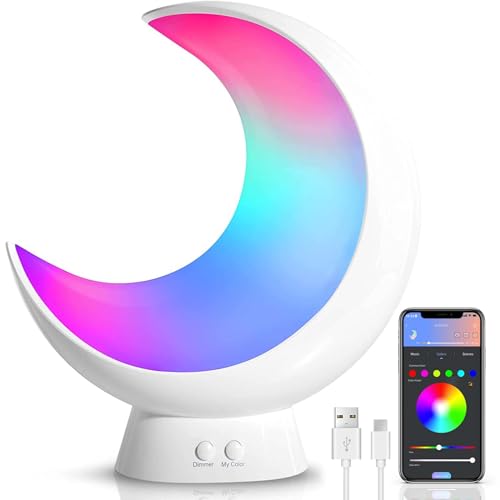 ECOLOR Smart Touch Bedside Table Lamp, RGB APP Control Small Moon Lamp with 20+ Scene Mode, Music Mode & Sleep Mode, 6 Way Dimmable Multi-Color & Warm White LED Moon Light for Bedrooms Living Room ﻿ - Corded Electric