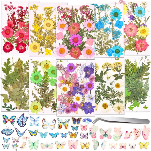 297 Pcs Dried Pressed Flowers Butterfly Stickers for Resin, Real Natural Dry Flowers Leaves Bulk with Tweezers for Art Craft Supplies Scrapbooking DIY Epoxy Resin Jewelry Candle Making Nails Décor