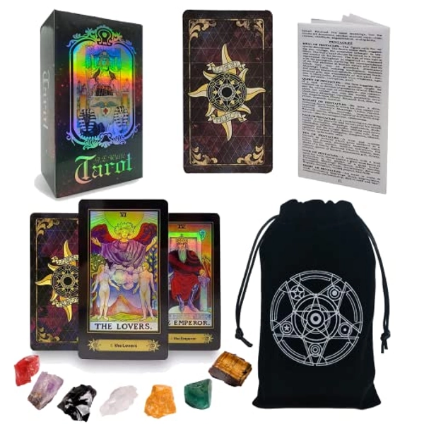 Blonana Tarot Cards with Velvet Pouch &7 Crystal Stones,Waite Tarot Deck,Colorful Holographic Cards Glowing Fortune Telling Game for Expert Readers,Tarot Lover(Include English Manual), black