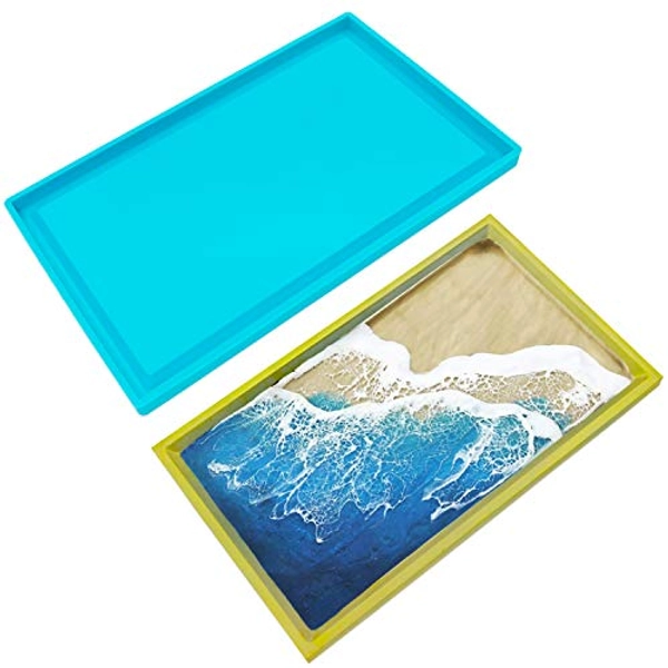 Silicone Tray Molds, Rectangle Serving Tray Molds for Epoxy Resin, Large Resin Serving Tray Molds with Edges, Great for Home Decoration, Ocean Wave Resin Painting Art £¨BLUE£©