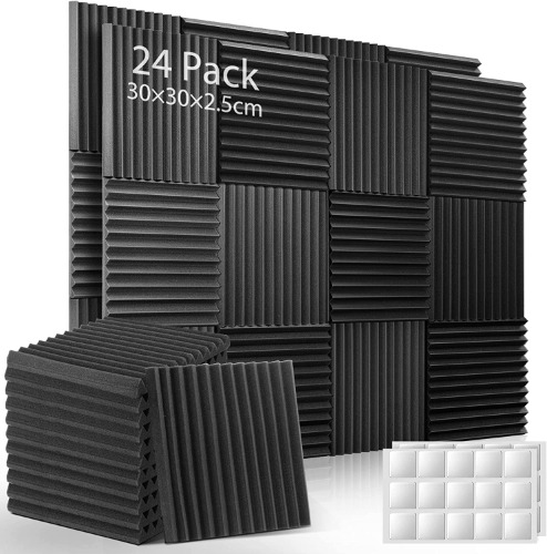 Sound Proof Foam Panels Soundsbay 24 Pack 1" X 12" X 12" Acoustic Panels Sound Absorbing with Double-sided Adhesive Paper Noise Absorption and Echo Reduction Sound Panels Wedges for Wall and Ceiling - 24 Pack-1 Inch