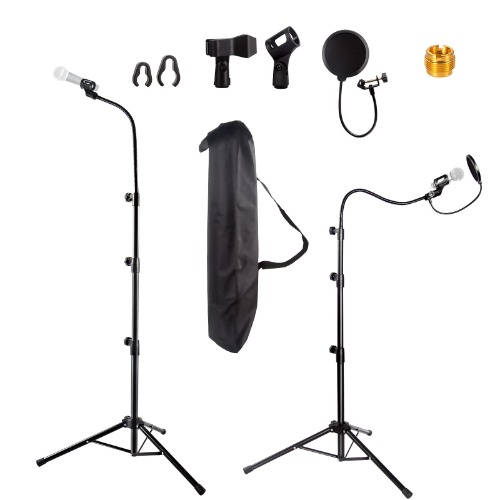Microphone Stand, Microphone Tripod Height up to 6 Feet Gooseneck Heavy Duty Tripod Mic Stands with Mic Clip Holders for Performance, Karaoke Singing, Speech