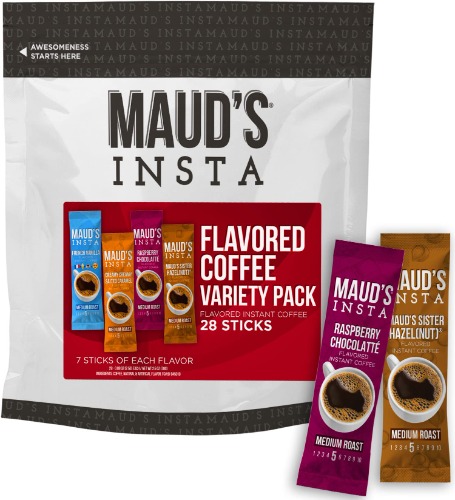 Maud's Instant Flavored Coffee Variety Pack (Insta Flavored), 28ct. Solar Energy Produced Flavored Instant Coffee Stick Packs, 100% Arabica Flavored Coffee California Roasted, Enjoy Hot or Iced Coffee