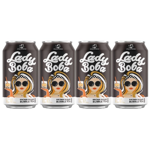 (Pack of 4) Lady Boba 4 Cans. Milk Bubble Tea with Boba Pearls in a Can (10.7oz/can) with Saltation Thank You Card. Choose One from Variety of Flavors: Assorted, Classic, Brown Sugar, Taro, Matcha Latte. Ready To Drink Beverage. (Brown Sugar) - Brown Sugar
