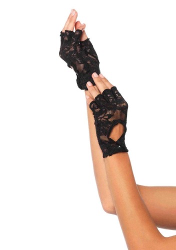 Lace Keyhole Fingerless Gloves - Black / One Size