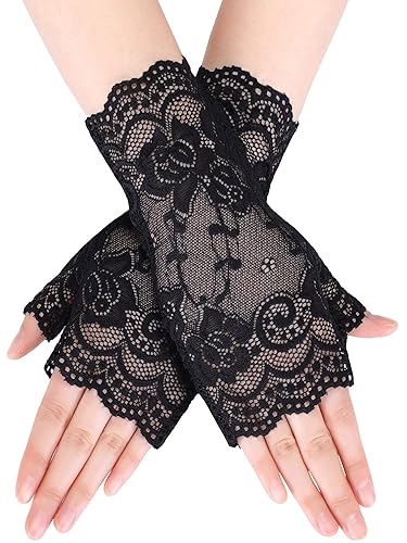 Women Short Lace Gloves Fingerless Lace Gloves Tea Party Gloves Sunblock Bridal Floral Gloves - Black