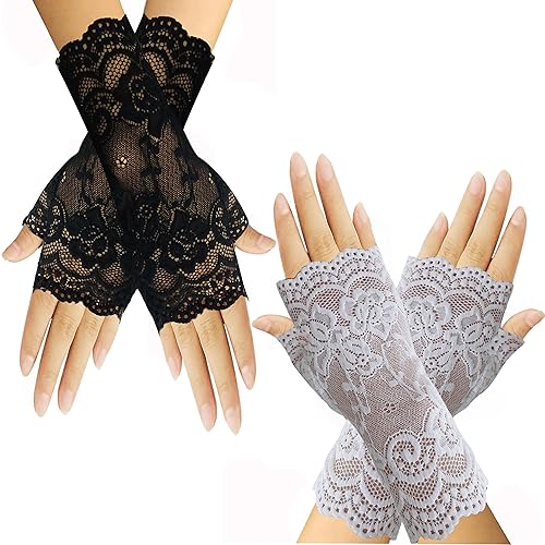 monochef Women Short Lace Gloves Sunblock Fingerless Bridal Wrist Gloves Opera Evening Wedding Tea Party Prom Cosplay 1920s - Black+white