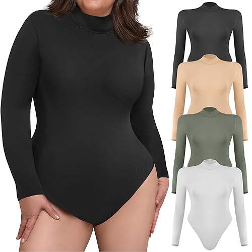 4 Pcs Women's Plus Size Long Sleeve Bodysuit Plus Size Mock Turtle Neck Basic Tops for Women Body Suit for Women - 3X-Large