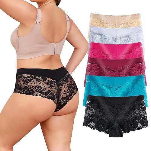 moonlight elves Women's Underwear Regular & Plus size Lace Boyshort Panties Cheeky Panty for Ladies, Pack of 6 Size S-5XL - 4X-Large Plus - 9144
