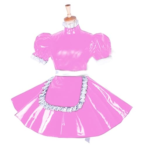 Lockable PVC Dress Short Puff Sleeve Outfit Crossdresser Plus Size Sissy Dress,Pink,4XL - Pink - 4X-Large