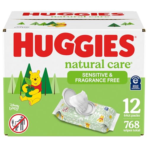 Huggies Natural Care Sensitive Baby Wipes, Unscented, Hypoallergenic, 99% Purified Water, 12 Flip-Top Packs (768 Wipes Total), Packaging May Vary - 64 Count (Pack of 12) - 768