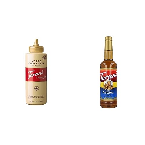 Torani White Chocolate Squeeze Sauce, 16.5 Fluid Ounce (1 Pack) & Salted Caramel Flavour Syrup, PET (Plastic), 750ml - Sauce + Syrup, 750 ml (Pack of 1)